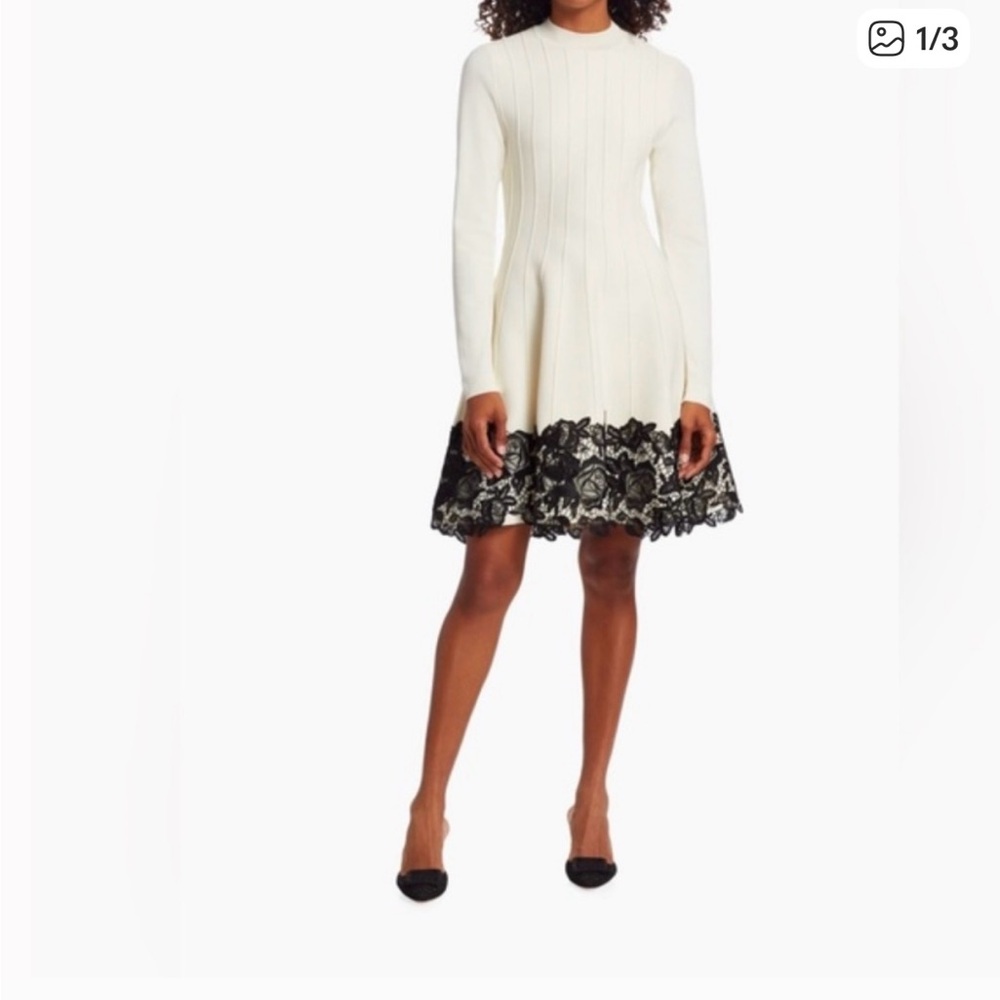 Lela Rose Cream and Black Lace Mini Dress